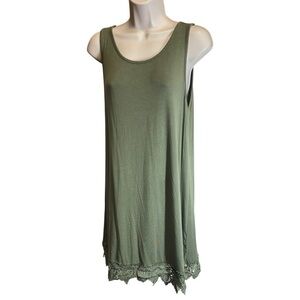 Cozy bear boutique layering dress Sage green lace trim boho fairy medium